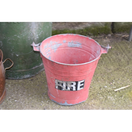 494 - Large vintage galvanised bin with 2 riveted handles together with a vintage red fire bucket and a co... 