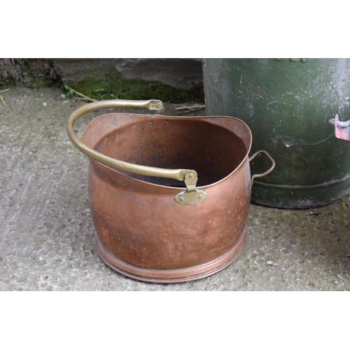 494 - Large vintage galvanised bin with 2 riveted handles together with a vintage red fire bucket and a co... 