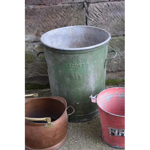 494 - Large vintage galvanised bin with 2 riveted handles together with a vintage red fire bucket and a co... 