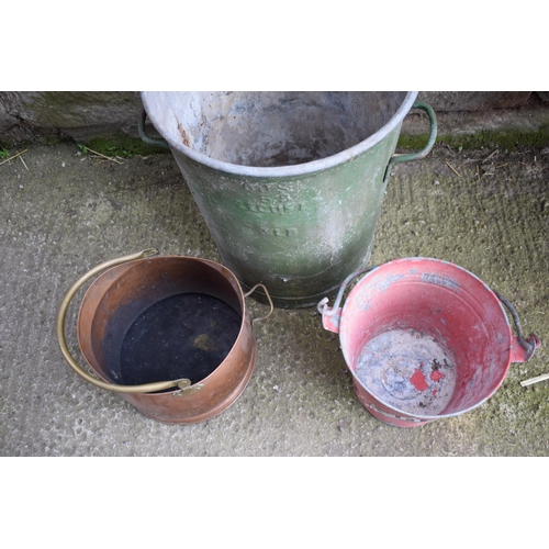 494 - Large vintage galvanised bin with 2 riveted handles together with a vintage red fire bucket and a co... 