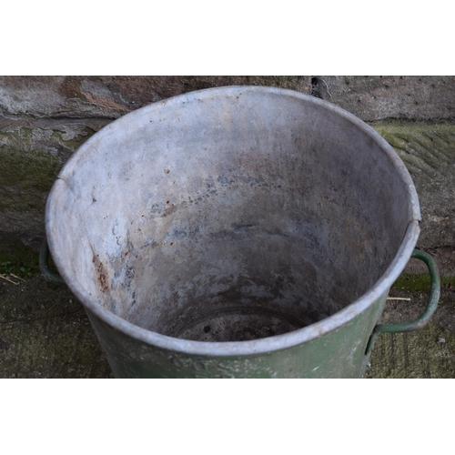 494 - Large vintage galvanised bin with 2 riveted handles together with a vintage red fire bucket and a co... 