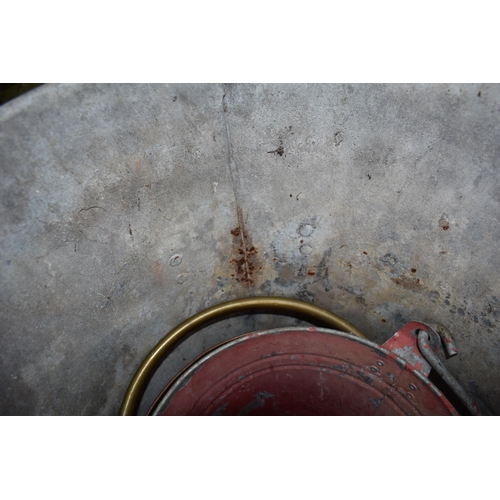 494 - Large vintage galvanised bin with 2 riveted handles together with a vintage red fire bucket and a co... 