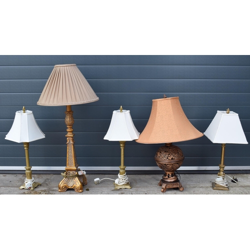 499 - A selection of ornate reproduction lamp bases, with shades, of varying heights and forms (5), talles... 