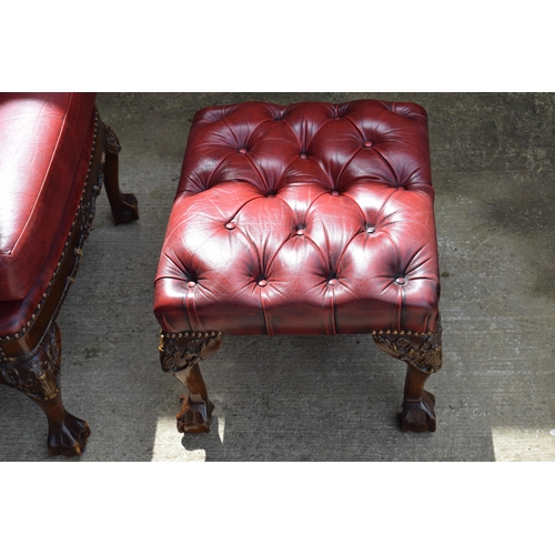 504 - Queen Anne revival chesterfield wingback armchair, in red leather with button back, raised on front ... 