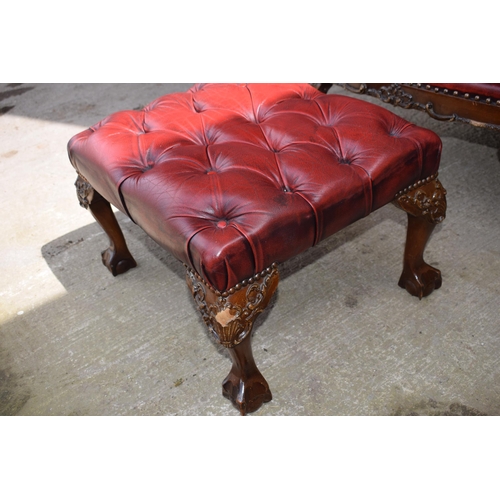 504 - Queen Anne revival chesterfield wingback armchair, in red leather with button back, raised on front ... 