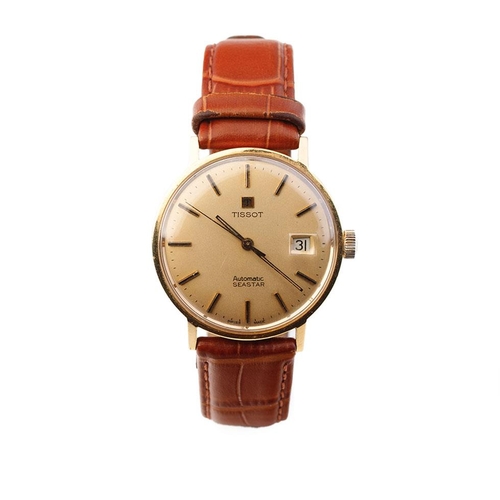 18ct gold Tissot Seastar, automatic movement, on leather strap, 36mm, working order, serviced in 2022.