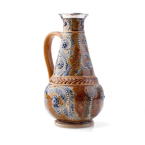 125 - Doulton Lambeth stoneware jug, 1874, of baluster form with white metal mount, signed Emily J Edwards... 