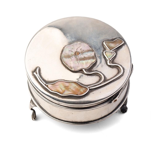 286 - Hallmarked silver trinket box raised on 3 feet, with velvet interior and abalone inlaid decoration t... 