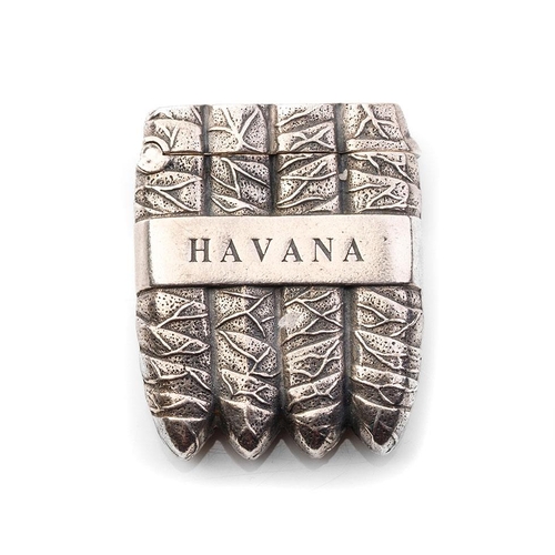 303 - Sterling silver novelty vesta case modelled as Havana cigars, 38.0 grams, 42mm tall.