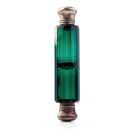 305 - Late 19th century green glass double ended scent bottle with silver mounts, unmarked but test as sil... 