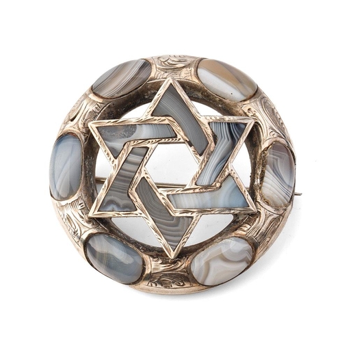 316 - Victorian silver and Scottish agate brooch with the Star of David, 48mm wide, unmarked.