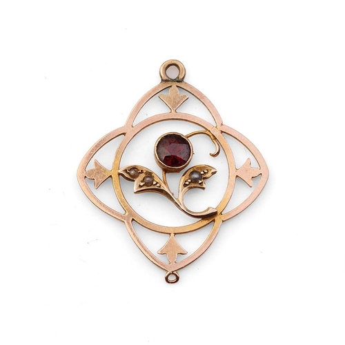 378 - Edwardian 9ct gold pendant set with a garnet and pearls, 1.9 grams, 3cm long.