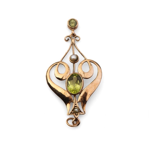 379 - Edwardian 9ct gold pendant set with peridot stones,  1.6 grams, 4cm long.