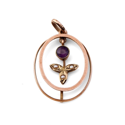 380 - Edwardian 9ct gold pendant set with an amethyst and seed pearls, 1.1 grams, 2.5cm long.