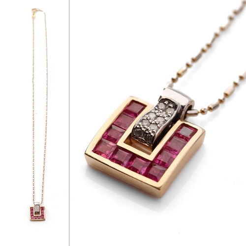 398 - 18ct gold and white gold diamond and ruby pendant on 18ct gold chain, designed by Guy Laroche, 5.6 g... 