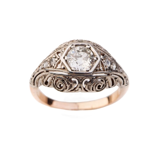 399 - Antique yellow metal (tests as 14ct) solitaire ring set with 0.75ct old cut diamond with filigree de... 