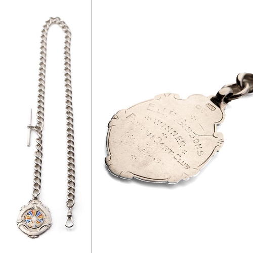 432 - Silver Albert pocket watch chain with T-bar and fob, 51.7 grams, 45cm long.