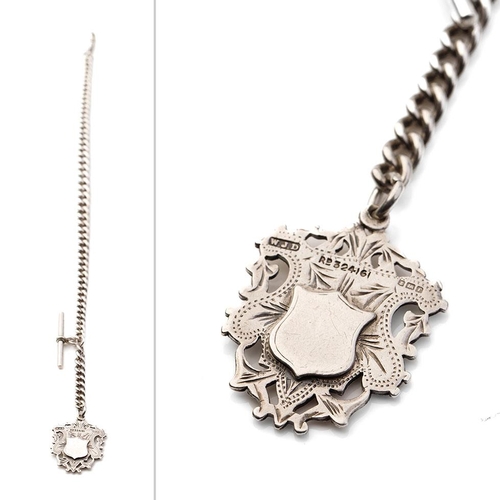 433 - Heavy silver Albert pocket watch chain with T-bar and fob, 71.5 grams, 39cm long.