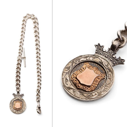 436 - Hallmarked silver Albert pocket watch chain with T-bar and fob, 51.5 grams, 36.5cm long.