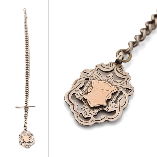 437 - Hallmarked silver Albert pocket watch chain with T-bar and fob, 65.4 grams, 40cm long.