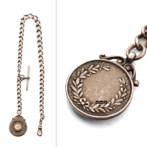 443 - Hallmarked silver Albert pocket watch chain with T-bar and fob, 57.4 grams, 40cm long.