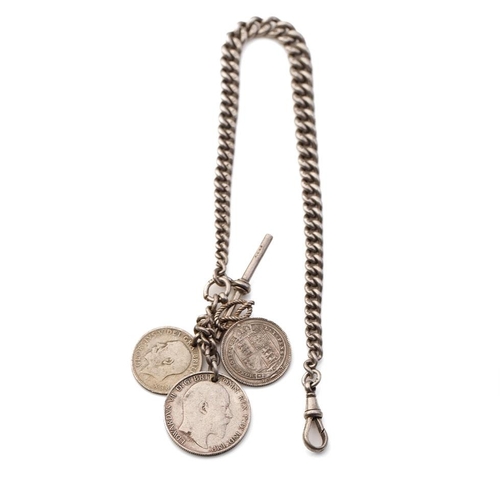 444 - Hallmarked silver Albert pocket watch chain with T-bar and coins, 68.4 grams, 35cm long.