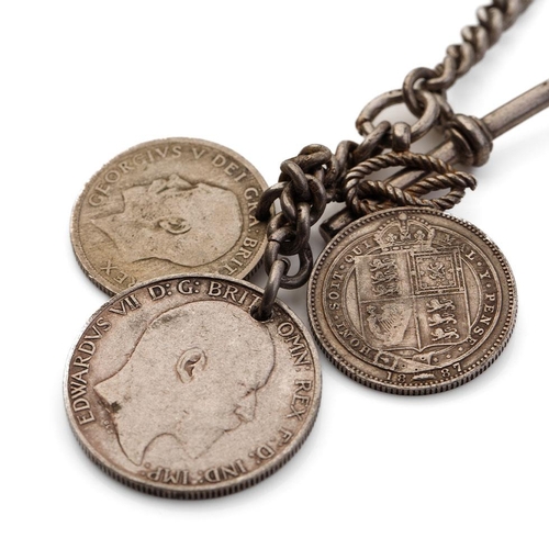 444 - Hallmarked silver Albert pocket watch chain with T-bar and coins, 68.4 grams, 35cm long.