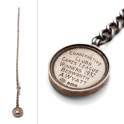 446 - Hallmarked silver Albert pocket watch chain with T-bar and fob, 45.2 grams, 41cm long.