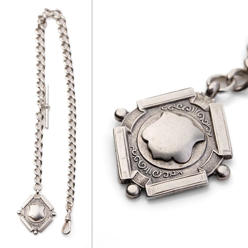 458 - Hallmarked silver Albert pocket watch chain with T-bar and fob, 43.7 grams, 39cm long.