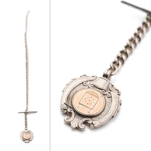 459 - Hallmarked silver Albert pocket watch chain with T-bar and fob, 37.8 grams, 38cm long.