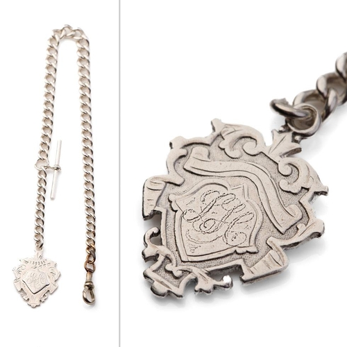 460 - Hallmarked silver Albert pocket watch chain with T-bar and fob, 39.6 grams, 34cm long.