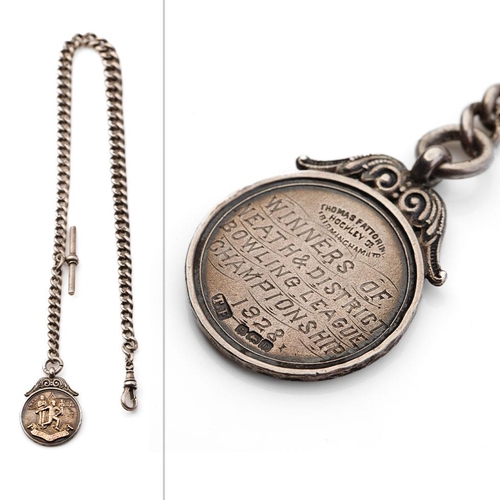 461 - Hallmarked silver Albert pocket watch chain with T-bar and fob, 53.5 grams, 42cm long.