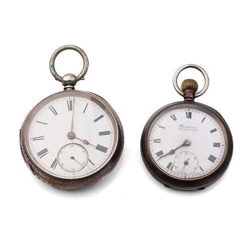 471 - A pair of sterling silver pocket watches to include a 5cm diameter example, London 1887, and a Freem... 