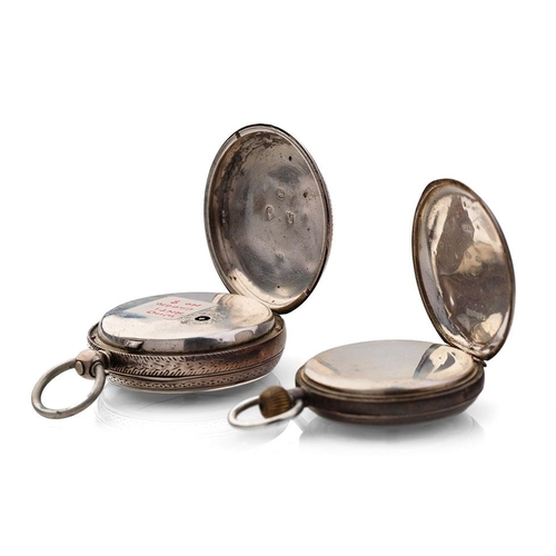 471 - A pair of sterling silver pocket watches to include a 5cm diameter example, London 1887, and a Freem... 