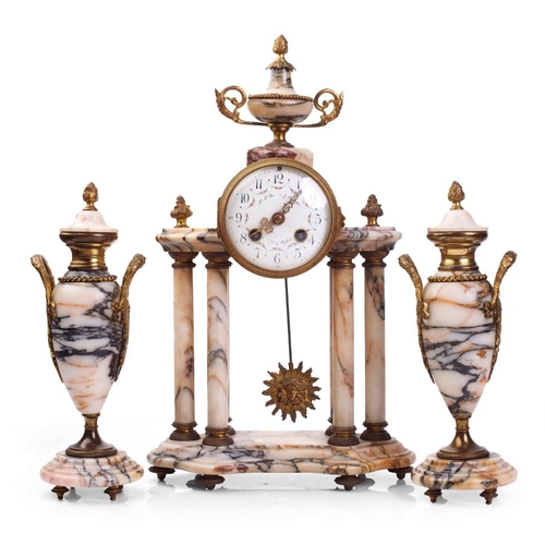 496 - Early 20th centruy French marble and gilt-metal striking portico mantel clock and garnitures, with k... 