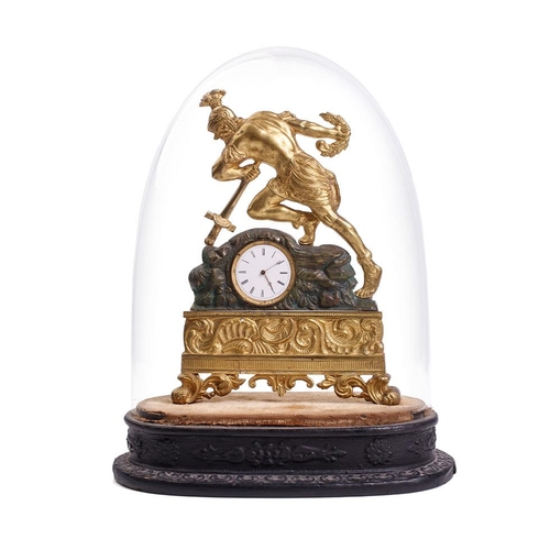 497 - 19th century continental gilt metal mantle clock of a soldier falling onto his own sword, on ebonise... 