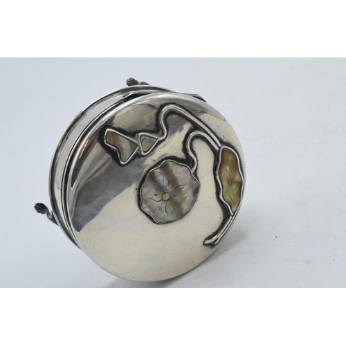 286 - Hallmarked silver trinket box raised on 3 feet, with velvet interior and abalone inlaid decoration t... 