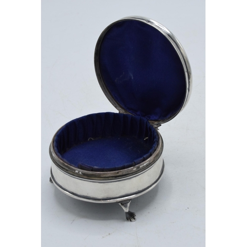 286 - Hallmarked silver trinket box raised on 3 feet, with velvet interior and abalone inlaid decoration t... 