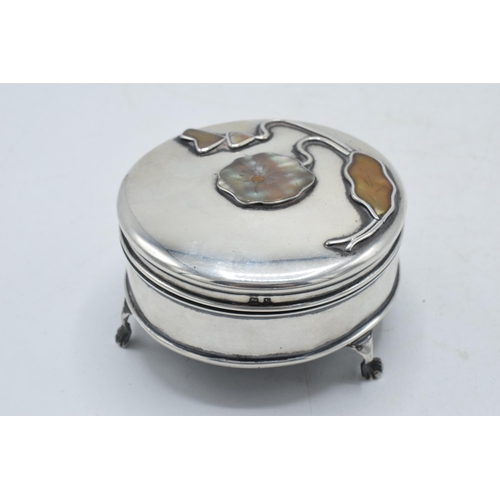 286 - Hallmarked silver trinket box raised on 3 feet, with velvet interior and abalone inlaid decoration t... 