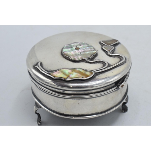 286 - Hallmarked silver trinket box raised on 3 feet, with velvet interior and abalone inlaid decoration t... 