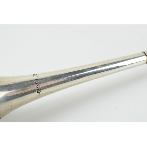 294 - Hallmarked silver candle snuffer in the form of a hunting horn, 47.5 grams, 30.5cm long, Chester 190... 