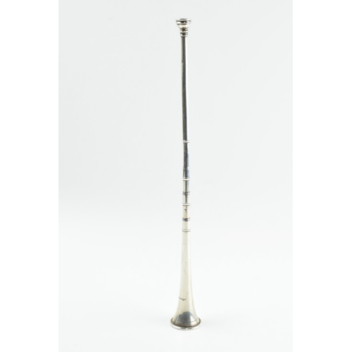 294 - Hallmarked silver candle snuffer in the form of a hunting horn, 47.5 grams, 30.5cm long, Chester 190... 