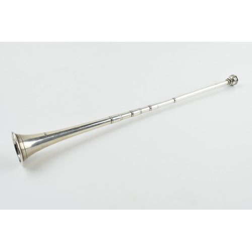 294 - Hallmarked silver candle snuffer in the form of a hunting horn, 47.5 grams, 30.5cm long, Chester 190... 