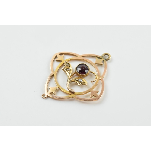 378 - Edwardian 9ct gold pendant set with a garnet and pearls, 1.9 grams, 3cm long.