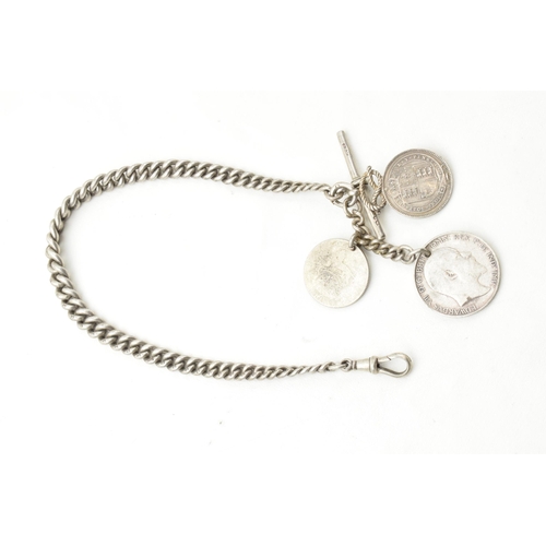 444 - Hallmarked silver Albert pocket watch chain with T-bar and coins, 68.4 grams, 35cm long.