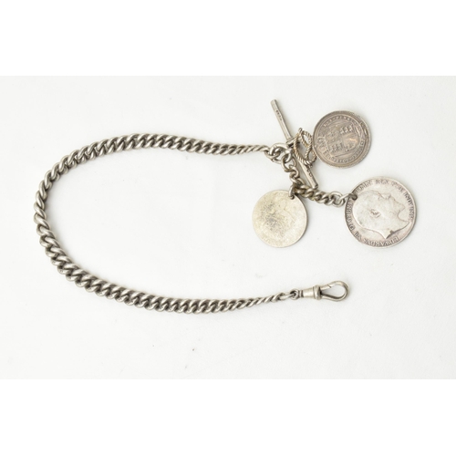 444 - Hallmarked silver Albert pocket watch chain with T-bar and coins, 68.4 grams, 35cm long.