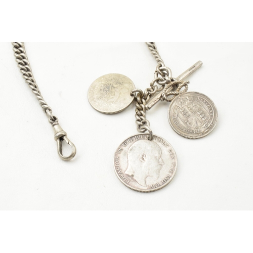 444 - Hallmarked silver Albert pocket watch chain with T-bar and coins, 68.4 grams, 35cm long.