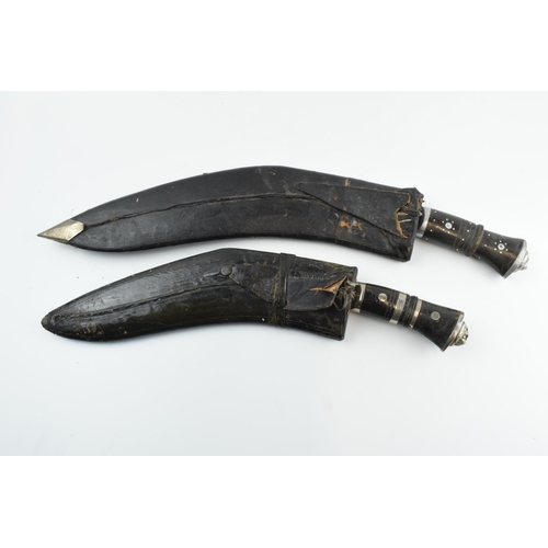 449 - 20th century Gurkha style Kukri knife in black leather scabbard together with smaller example (2),  ... 