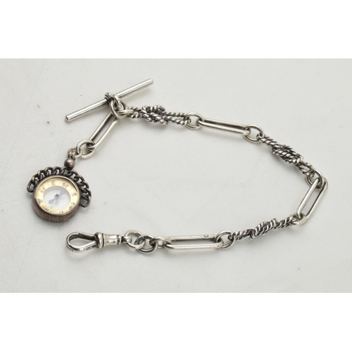 454 - Hallmarked silver Albert pocket watch chain with T-bar and fob, 25.7 grams, 26cm long.