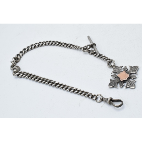 455 - Hallmarked silver Albert pocket watch chain with T-bar and fob, 55.7 grams, 38cm long.